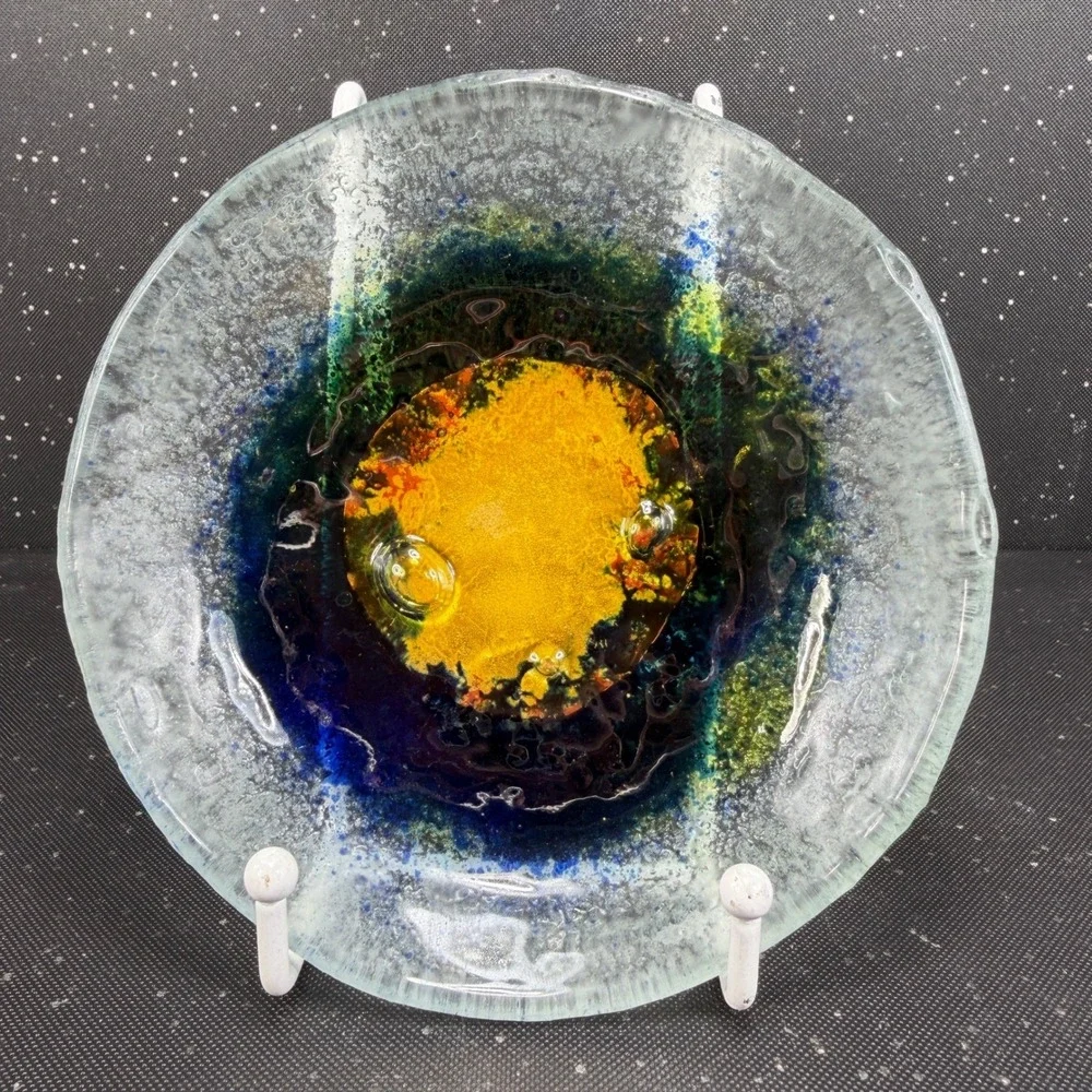 Handmade Fused Glass Bowl Dish Blue Yellow Green Celestial Art Glass Catchall